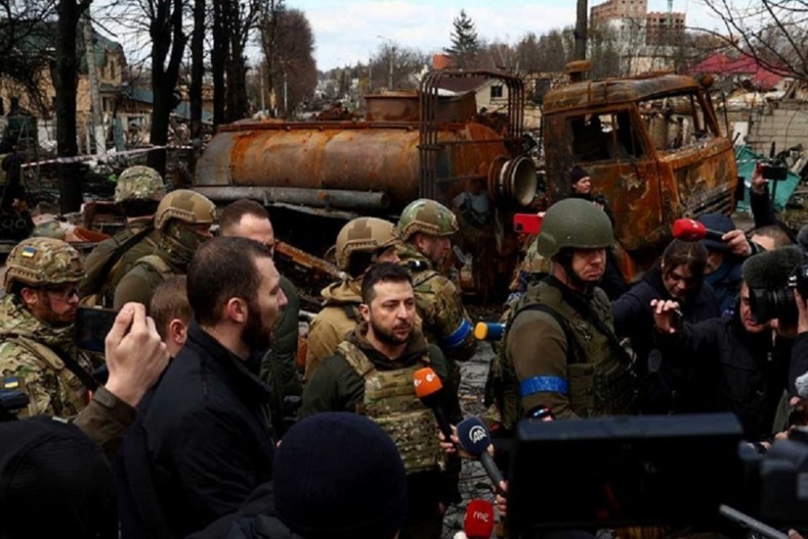 Ukraine's President Volodymyr Zelenskiy speaks to the media as Russia's invasion of Ukraine continues, in Bucha, outside Kyiv, Ukraine, April 4, 2022. Reuters