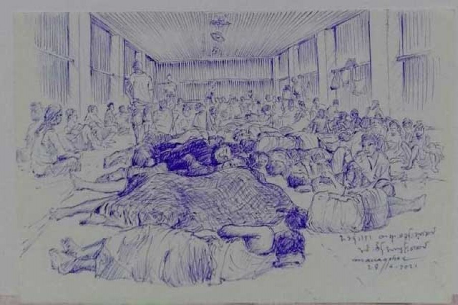 A smuggled sketch shows people inside of Myanmar's Insein prison in this undated picture obtained by Reuters