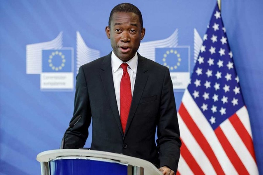 US Deputy Treasury Secretary Wally Adeyemo speaks during a joint news conference with EU Commissioner McGuinness (not pictured) in Brussels, Belgium Mar 29, 2022 – Reuters/Johanna Geron