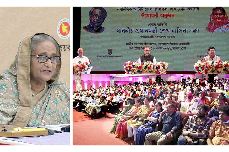 Prime Minister Sheikh Hasina addressing a virtual ceremony arranged on Wednesday to inaugurate the newly-constructed buildings of Shilpakala Academies in eight districts –PID Photo