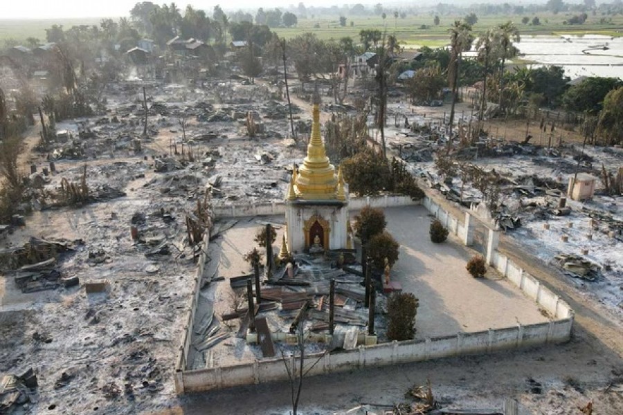 An aerial view of Bin village of the Mingin Township in Sagaing region after villagers say it was set ablaze by the Myanmar military, in Myanmar February 3, 2022. Picture taken with a drone. Reuters