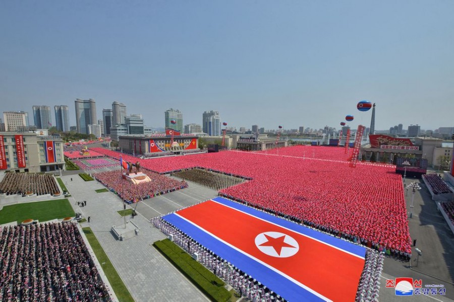 General view during a national meeting and a public procession to mark the 110th birth anniversary of the state's founder, Kim II Sung, in Pyongyang, North Korea. Picture taken April 15, 2022 by North Korea's Korean Central News Agency (KCNA). KCNA via REUTERS