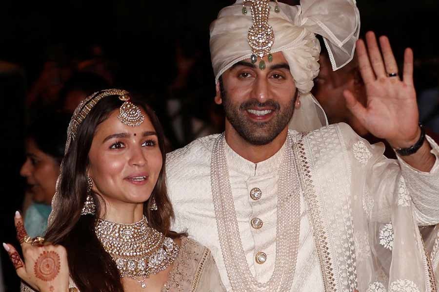 Bollywood actors Alia Bhatt and Ranbir Kapoor greeting the media after their wedding function in Mumbai on April 14 this year –Reuters file photo