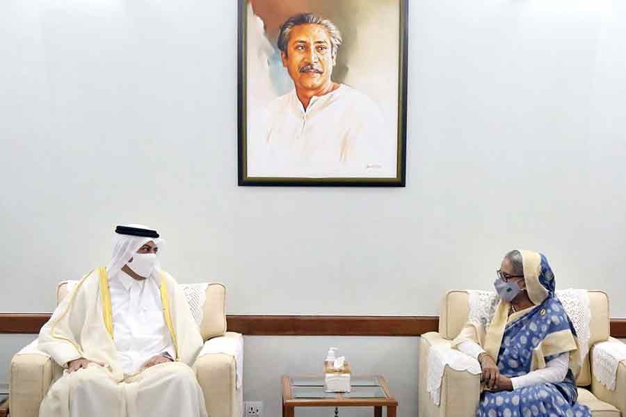 Qatar’s newly-appointed ambassador to Bangladesh Seraya Ali Al-Qahtani paying a courtesy call on Prime Minister Sheikh Hasina at Ganabhaban in Dhaka on Monday –PID Photo