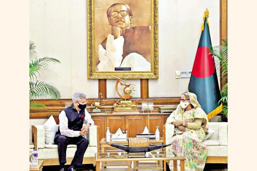 Indian External Affairs Minister Subrahmanyam Jaishankar calls on Prime Minister Sheikh Hasina at the latter's Ganobhaban residence in Dhaka on Thursday. — Focus Bangla