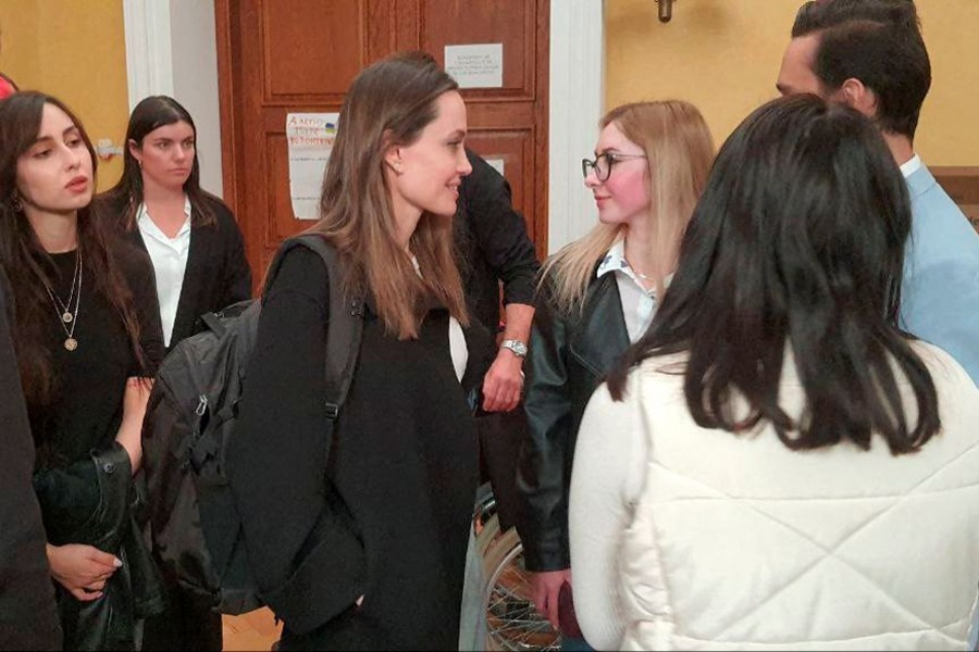 US actor and UNHCR Special Envoy Angelina Jolie visits Lviv's main railway station, amid Russia's invasion of Ukraine April 30, 2022 — Handout via Reuters