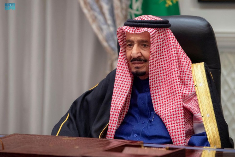 Saudi King Salman bin Abdulaziz addresses the kingdom's advisory Shura Council from his royal palace in Neom, Saudi Arabia, December 29, 2021, Saudi Press Agency/Handout via REUTERS