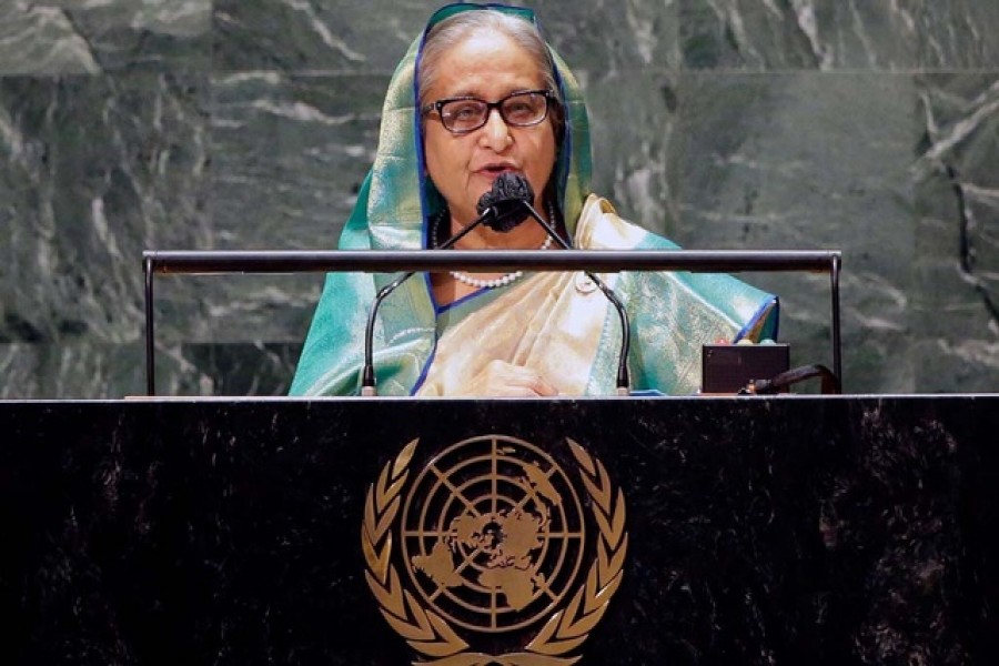 Prime Minister Sheikh Hasina speaks at the UN General Assembly 76th session General Debate in UN General Assembly Hall at the United Nations Headquarters in New York City, Sept 24, 2021. REUTERS