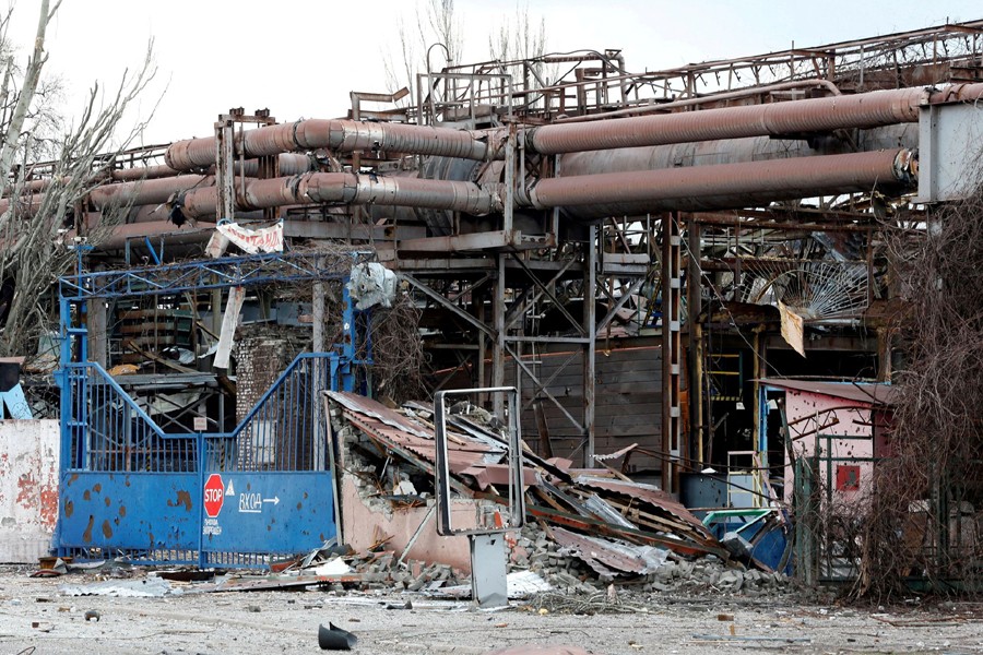 A view shows the gates of the Illich Steel and Iron Works damaged during Ukraine-Russia conflict in the southern port city of Mariupol, Ukraine on April 15, 2022 — Reuters/Files