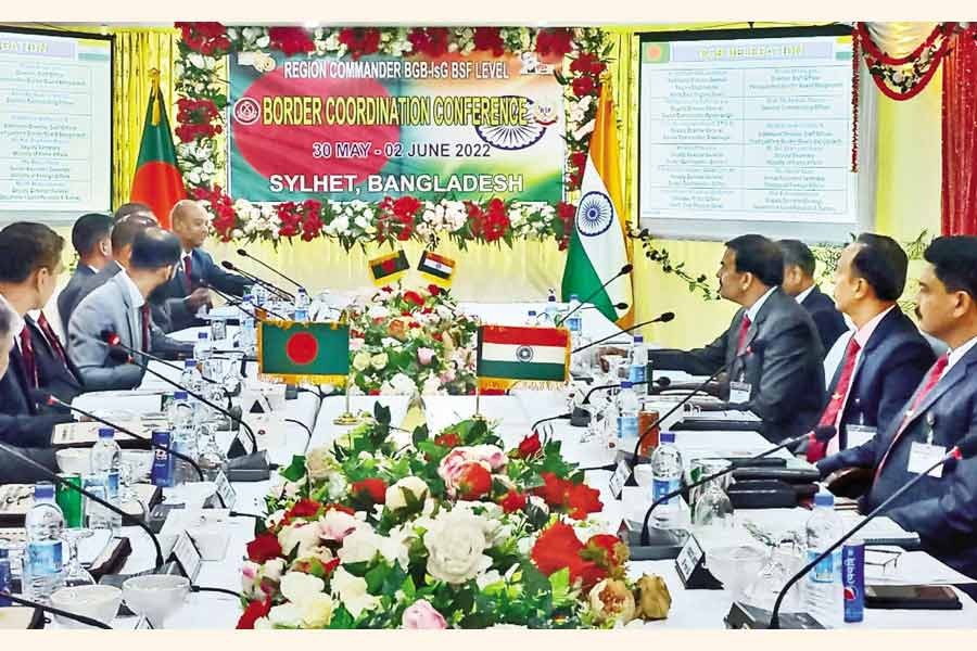 Region Commander of BGB's Chattogram Region Headquarters Brigadier General Tanvir Gani Chowdhury and Inspector General (IG) of India's Tripura Frontier Shri Sumit Sharan lead their delegations at the border conference which started in Sylhet on Monday —BGB Photo