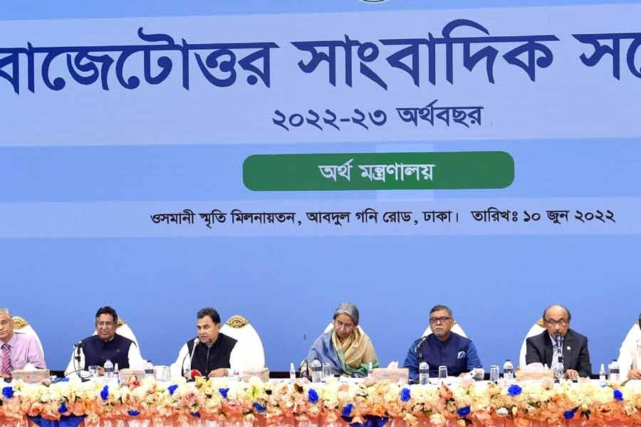 Finance Minister AHM Mustafa Kamal addressing a post-budget conference in the city’s Osmani Smriti Auditorium on Friday afternoon –PID Photo