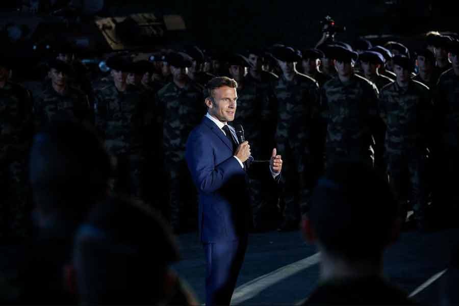 French President Emmanuel Macron speaking to soldiers of the NATO Response Force as part of Mission AIGLE, upon his arrival at the Mihail Kogalniceanu Air Base, near Constanta in Romania on June 14 this year –Reuters file photo