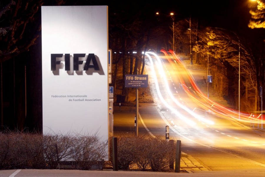 A long exposure shows FIFA's logo near its headquarters in Zurich, Switzerland February 27, 2022. REUTERS/Arnd Wiegmann