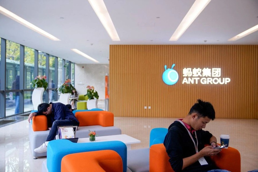 A logo of Ant Group is pictured at the headquarters of Ant Group, an affiliate of Alibaba, in Hangzhou, Zhejiang province, China October 29, 2020. REUTERS/Aly Song