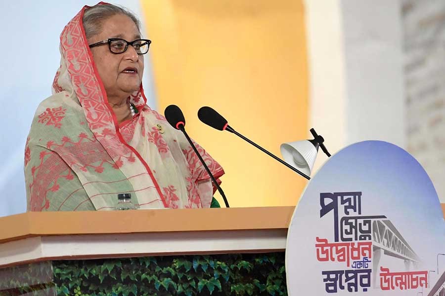 Prime Minister Sheikh Hasina addressing a civic rally after the inauguration of the Padma Bridge on Saturday –PID photo