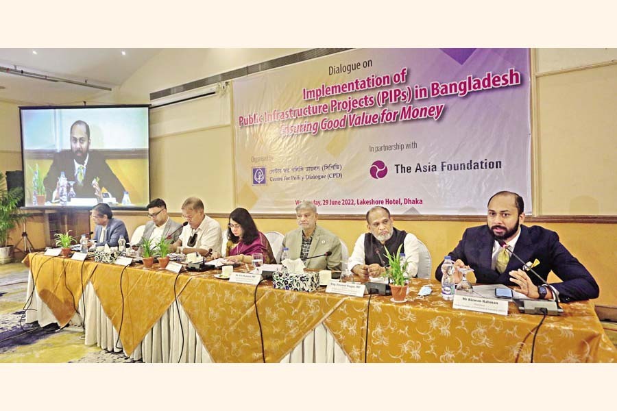 Dhaka Chamber of Commerce and Industry (DCCI) President Rizwan Rahman speaking at a dialogue, titled 'Implementation of Public Infrastructure Projects in Bangladesh: Ensuring Good Value for Money', organised by the Centre for Policy Dialogue (CPD) at a Dhaka hotel on Wednesday with Planning Minister MA Mannan attending as the chief guest — FE photo