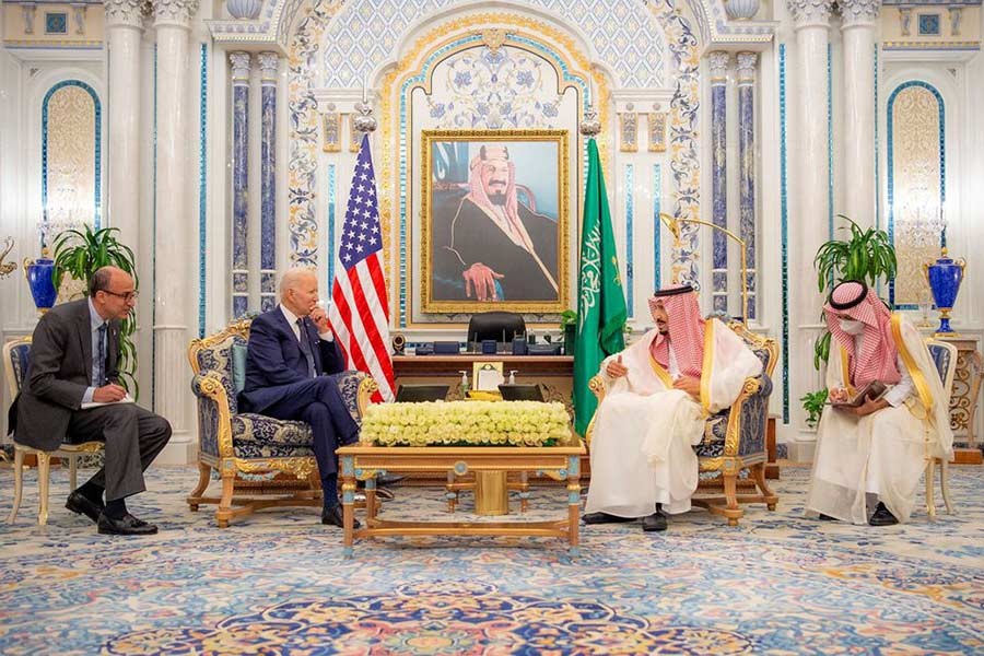 Saudi King Salman bin Abdulaziz receiving US President Joe Biden at Al Salman Palace upon his arrival in Jeddah on Friday –Reuters photo