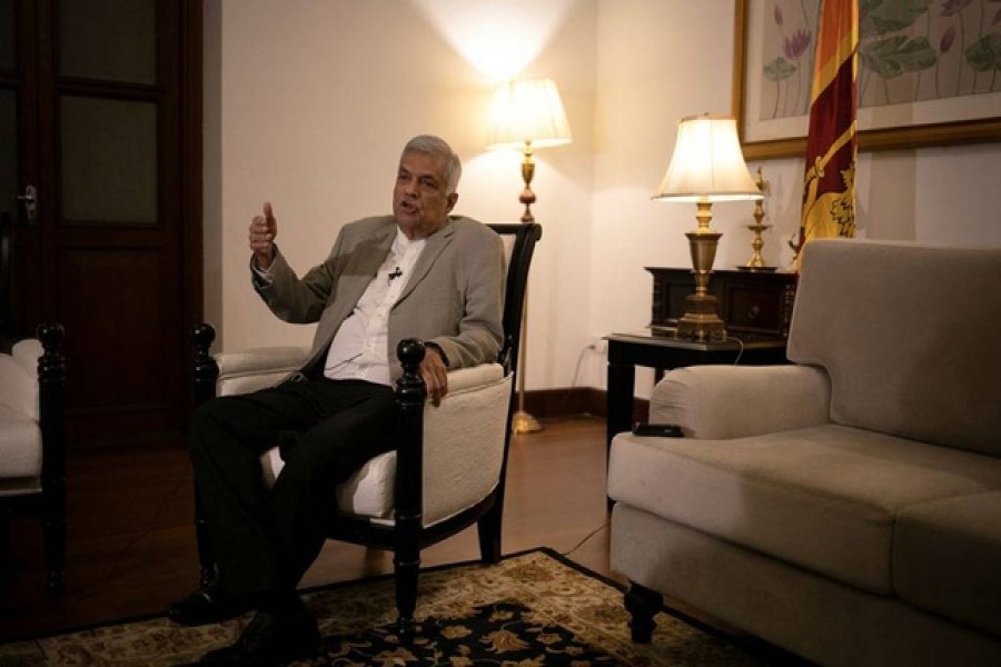 Sri Lanka's Prime Minister Ranil Wickremesinghe gestures as he speaks during an interview with Reuters at his office in Colombo, Sri Lanka, May 24, 2022. REUTERS/Adnan Abidi