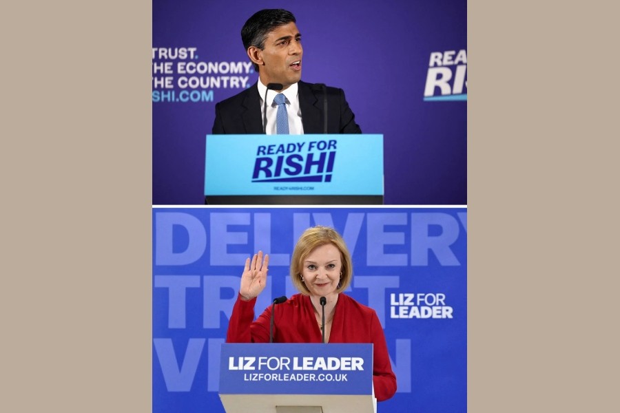 A combination picture shows Former Chancellor of the Exchequer Rishi Sunak speaks to the media at an event to launch his campaign to be the next Conservative leader and Prime Minister, in London, Britain, July 12, 2022, and British Foreign Secretary and Conservative leadership campaign candidate Liz Truss speaks during her campaign launch event, in London, Britain July 14, 2022. REUTERS/Henry Nicholls and Toby Melville