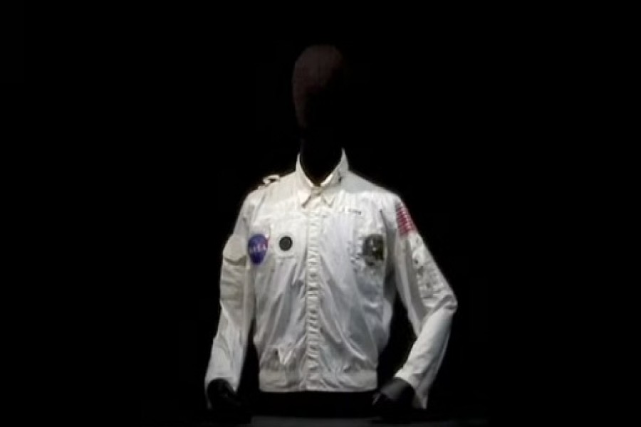 A general view of Buzz Aldrin's flown inflight coverall jacket, worn by him on his mission to the Moon and back during Apollo 11, that was sold for $2,772,500 at Sotheby's, in New York City, US Jul 21, 2022 in this screengrab from a video REUTERS