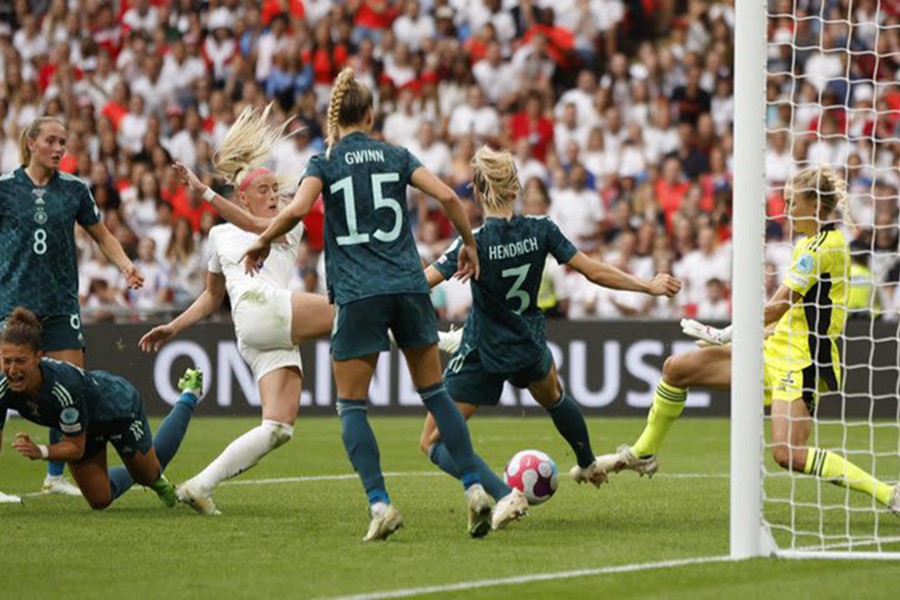 England's Chloe Kelly scores their second goal against Germany at Wembley Stadium in London, Britain on July 31, 2022 — Reuters photo