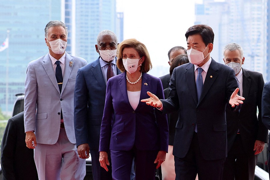 US House of Representatives Speaker Nancy Pelosi is greeted by South Korea?s National Assembly Speaker Kim Jin-pyo before their meeting at the National Assembly in Seoul, South Korea on August 4, 2022 — Yonhap via REUTERS