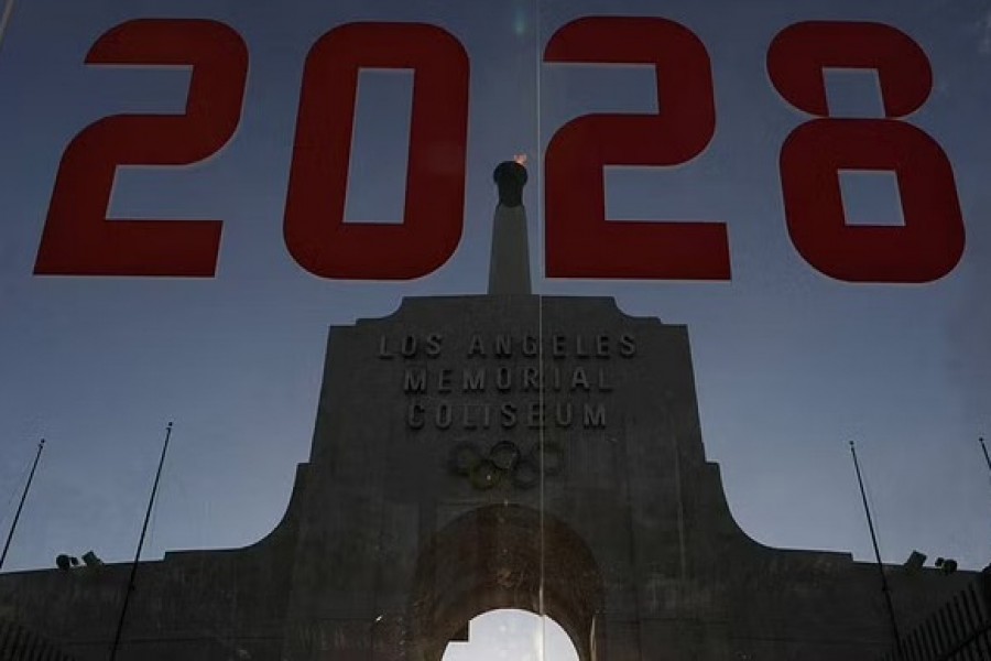 An LA2028 sign is seen at the Los Angeles Coliseum to celebrate Los Angeles being awarded the 2028 Olympic Games, in Los Angeles, California, U.S., September 13, 2017. REUTERS/Lucy Nicholson