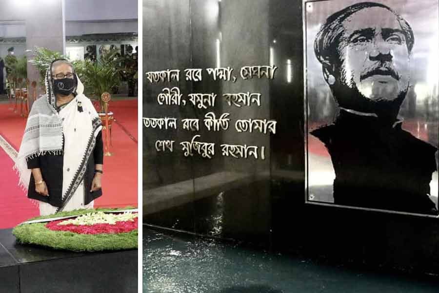 Prime Minister Sheikh Hasina paying homage to Father of the Nation Bangabandhu Sheikh Mujibur Rahman, the architect of independent Bangladesh, by placing wreaths at his portrait in front of Bangabandhu Memorial Museum at Dhanmondi in Dhaka marking National Mourning Day on Monday –PID photos