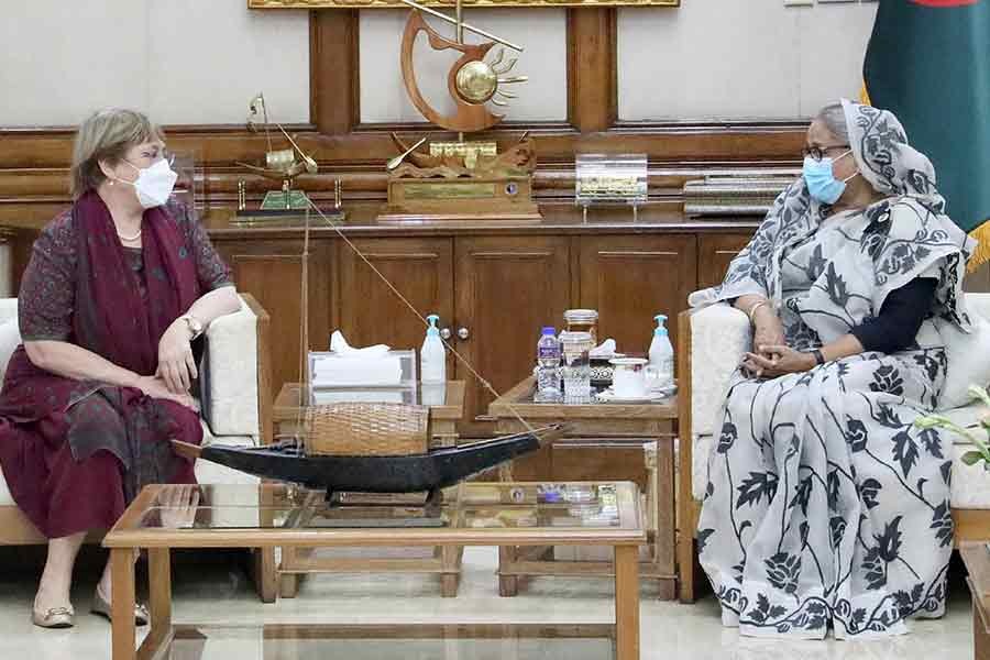 UN High Commissioner for Human Rights Michelle Bachelet paying a courtesy call on Prime Minister Sheikh Hasina on Wednesday at Ganabhaban in Dhaka –PID Photo