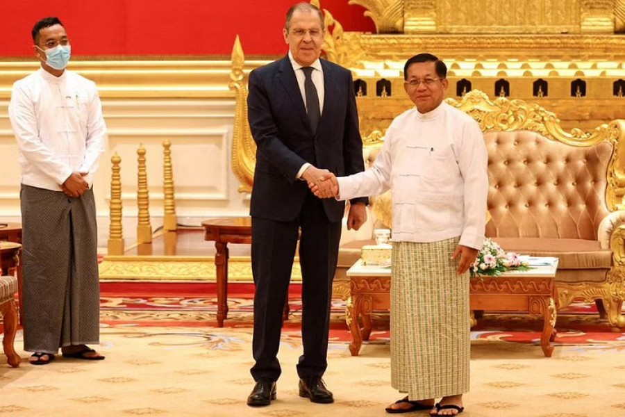 Russia's Foreign Minister Sergei Lavrov attends a meeting with Myanmar's military leader Min Aung Hlaing in Naypyidaw, Myanmar, Aug 3, 2022. Russian Foreign MinistryHandout via REUTERS