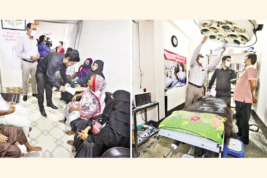 A team of officials of the Directorate General of Health Services (DGHS) is talking to patients of Dhaka Medical College and Hospital who have been tricked by middlemen to visit the Bakshibazar Khidmah Life Care Diagnostic Centre, left, for pathology tests, while the same team is inspecting the equipment of an operation theatre at Chankharpool's Dhaka General Hospital, right, on Monday — FE photos