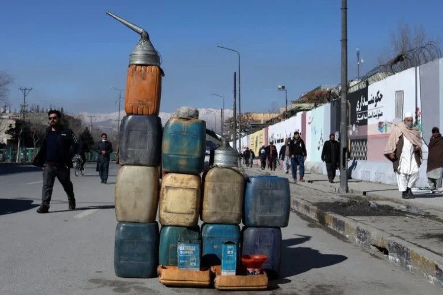 Cans containing gasoline are kept for sale on a road in Kabul - Reuters file photo