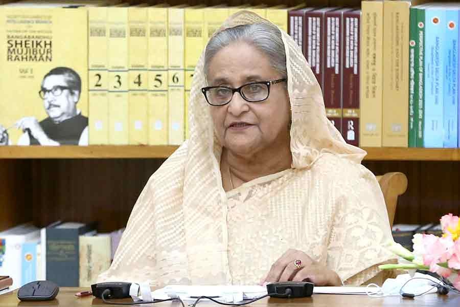 Prime Minister Sheikh Hasina addressing the inaugural ceremony of the 11th Annual INTERPA Conference that was held at a city hotel on Monday, from her official Ganabhaban residence in Dhaka –PID Photo