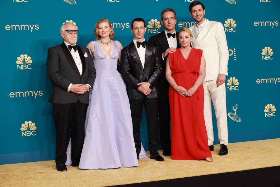 The cast of "Succession" pose for a picture after it won the Emmy for Outstanding Drama Series, at the 74th Primetime Emmy Awards held at the Microsoft Theater in Los Angeles, U.S., September 12, 2022. REUTERS/Aude Guerrucci