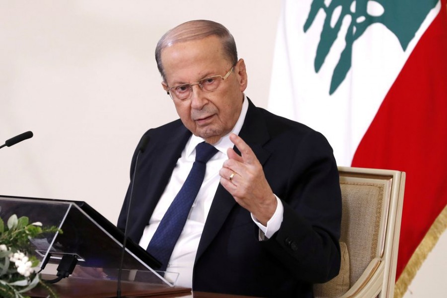 Lebanon's President Michel Aoun speaks during a news conference at the presidential palace in Baabda, Lebanon October 21, 2020. Dalati Nohra/Handout via REUTERS