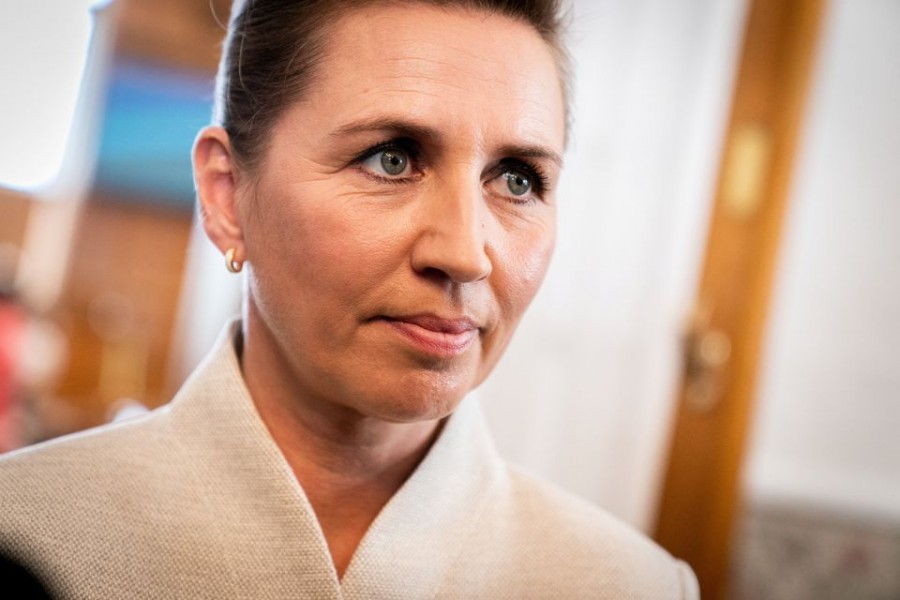 Prime Minister Mette Frederiksen speaks to the press after her opening speech at the opening of Folketing at Christiansborg Castle, Copenhagen, Denmark October 4 ,2022. Ida Marie Odgaard/Ritzau Scanpix/via REUTERS