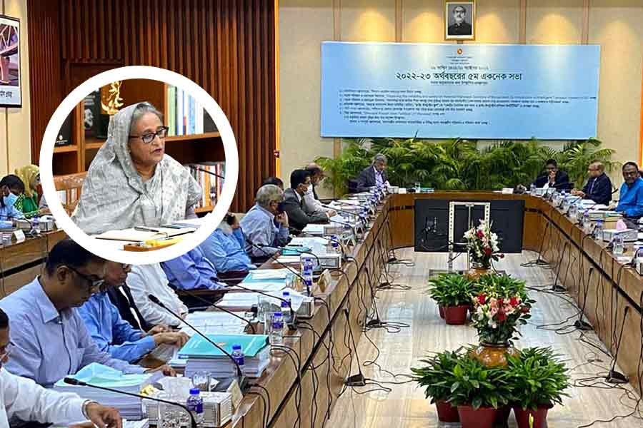 The weekly meeting of the Executive Committee of the National Economic Council (ECNEC) was held at the NEC Conference Room in Dhaka on Tuesday. (Inset) ECNEC Chairperson and Prime Minister Sheikh Hasina presided over the meeting virtually from Ganabhaban. Photo: PID