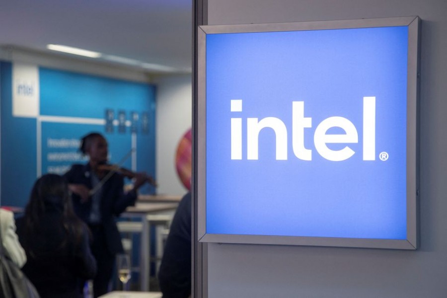 The Intel Corporation logo is seen at a temporary office during the World Economic Forum 2022 (WEF) in the Alpine resort of Davos, Switzerland May 25, 2022. REUTERS/Arnd Wiegmann/Files