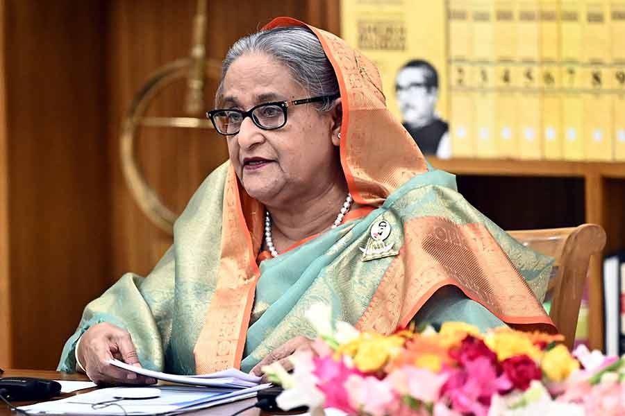 Prime Minister Sheikh Hasina virtually presenting the keynote paper, from Ganabhaban in Dhaka, in the inaugural session of the FAO (Food and Agriculture Organisation) World Food Forum-2022 held in FAO's headquarters Rome, Italy. Photo: PID