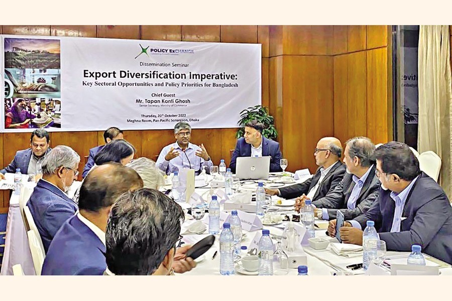 Senior commerce secretary Tapan Kanti Ghosh speaks at a seminar on 'Export Diversification Imperative: Key Sectoral Opportunities and Policy Priorities for Bangladesh' organized by Policy Exchange Bangladesh (PEB) in the city on Thursday. Executive Director of Policy Research Institute of Bangladesh (PRI) Dr Ahsan H Mansur chaired the event with PEB Chairman Dr M Masrur Reaz presenting the keynote paper.