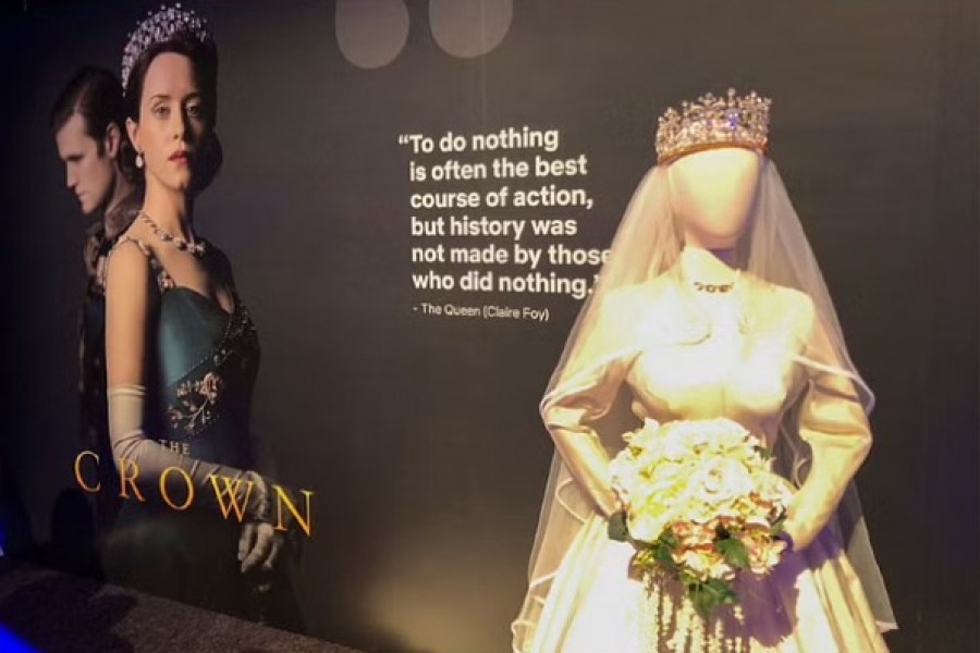 Netflix displays a costume from "The Crown" series at an exhibition promoting the company's shows for Emmy consideration in Los Angeles, California, US, May 6, 2018. REUTERS