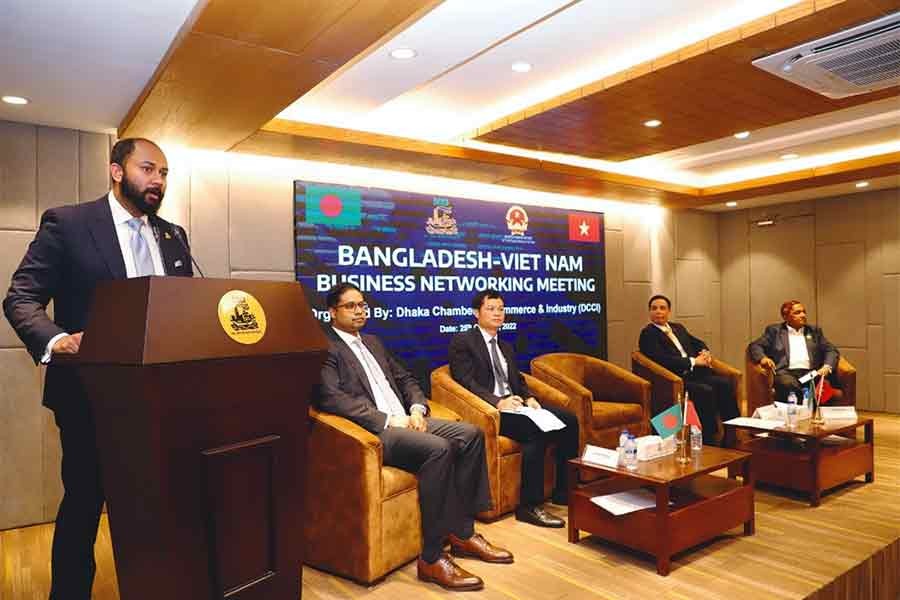 Dhaka Chamber of Commerce and Industry (DCCI) President Rizwan Rahman speaking at DCCI on Tuesday