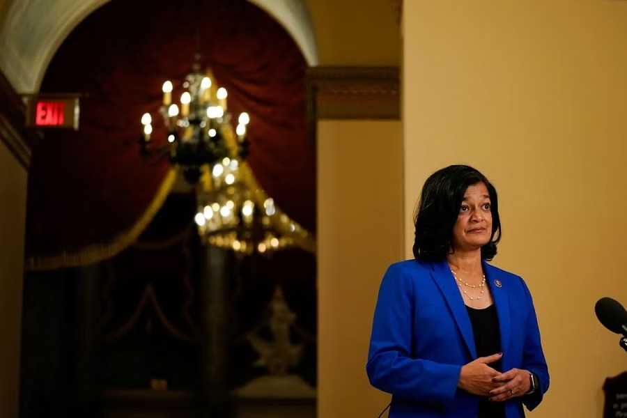 US Representative Pramila Jayapal participates in a television interview at the US Capitol in Washington, US, November 4, 2021. REUTERS