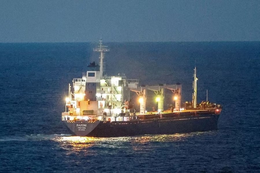 The Sierra Leone-flagged cargo ship Razoni, carrying Ukrainian grain, is seen in the Black Sea off Kilyos, near Istanbul, Turkey August 2, 2022. Reuters