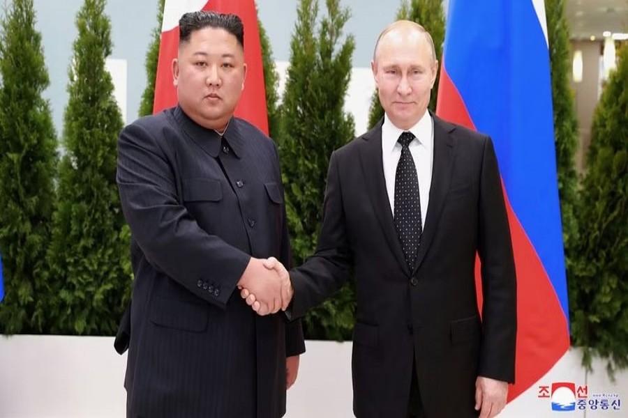 North Korean leader Kim Jong Un shakes hands with Russian President Vladimir Putin in Vladivostok, Russia in this undated photo released on April 25, 2019 by North Korea's Central News Agency (KCNA). KCNA via REUTERS