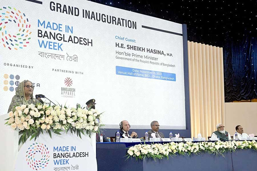 Prime Minister Sheikh Hasina addressing the opening ceremony of the first ever ‘Made in Bangladesh Week-2022’ in city's Bangabandhu International Conference Centre (BICC) –PID Photo