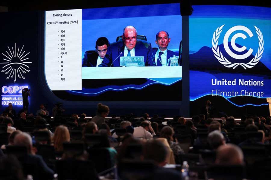 COP27 President Sameh Shoukry delivering a statement during the closing plenary at the COP27 climate summit in Red Sea resort of Sharm el-Sheikh in Egypt on Sunday –Reuters photo