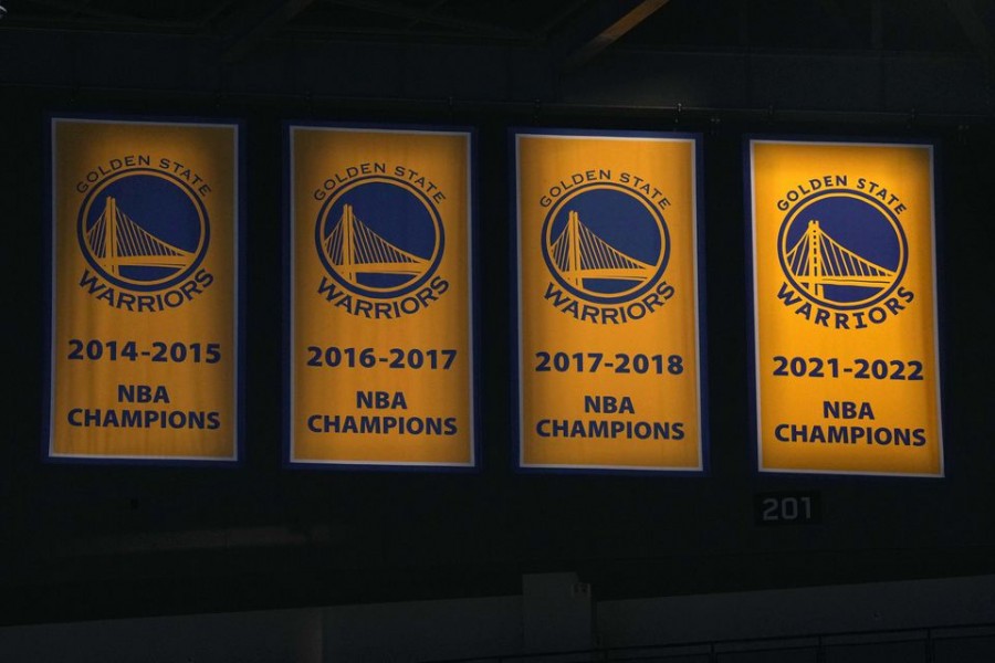 Golden State Warriors championship banners hang above the court during the third quarter against the Sacramento Kings at Chase Center in San Francisco, California, USA on Oct 23, 2022 — USA TODAY Sports via REUTERS