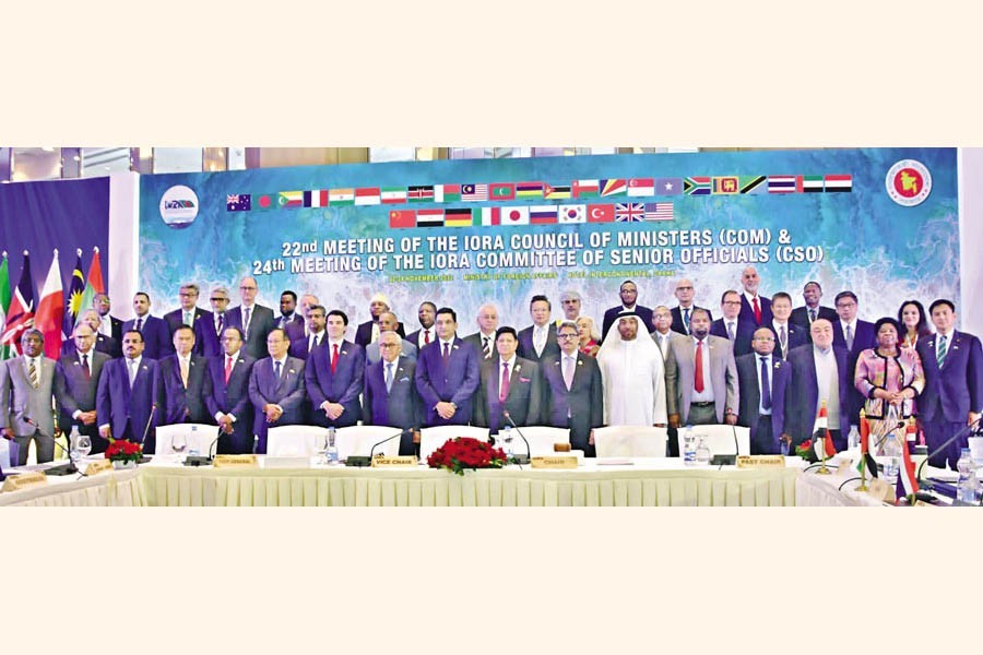 Foreign Minister Dr Abdul Momen along with minister-level delegates from 16 countries pose at the 22nd meeting of the IORA Council of Ministers held in the city on Thursday. — FE Photo