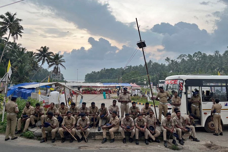 Police officers are deployed as fishermen protest near the entrance of the proposed Vizhinjam Port in the southern state of Kerala, India on November 9, 2022 — Reuters photo